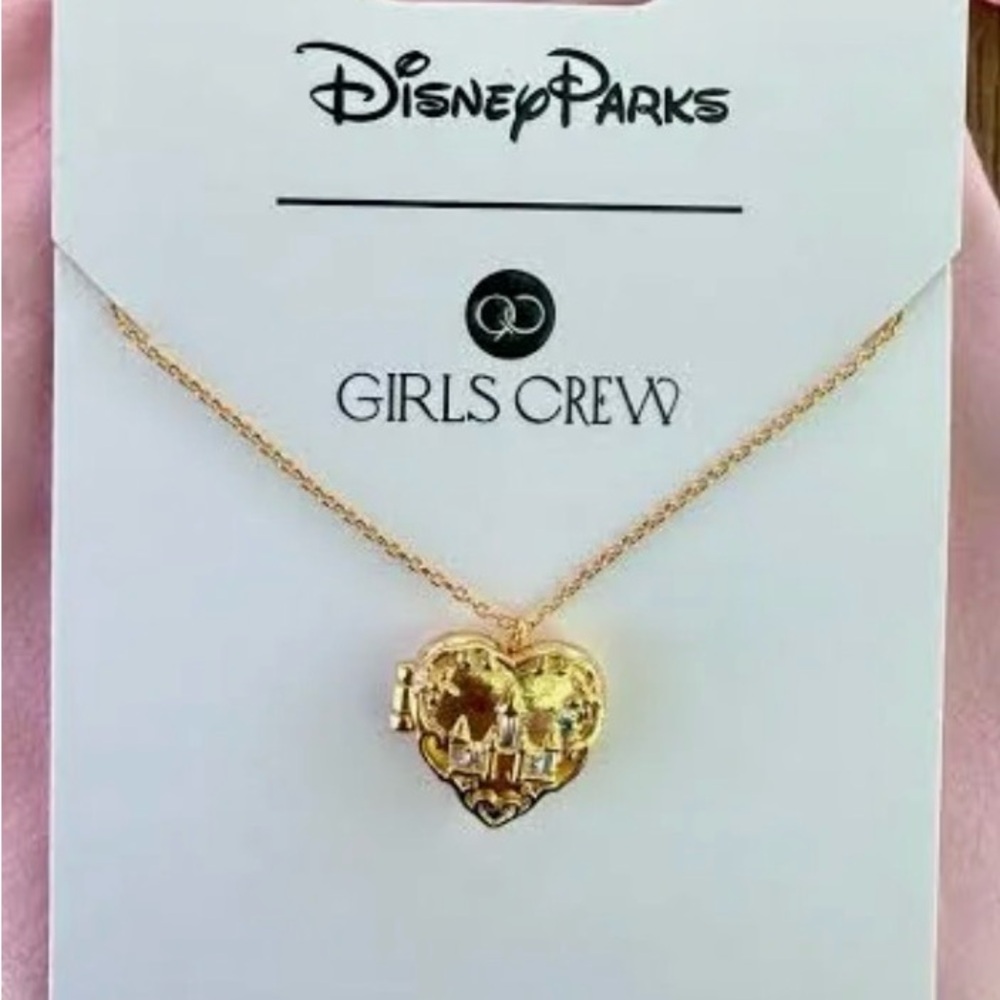 Disney Parks Girls Crew Gold Heart Locket Necklace w/ Castle Rhinestone NWT